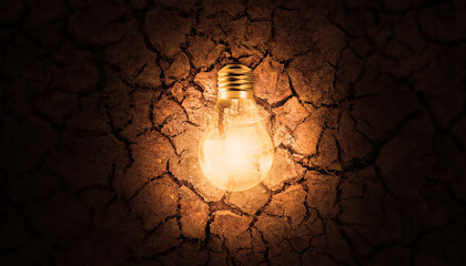 Lamp Light on Dry Land. Glowing Light Bulb on Cracked Earth Soil. Concept of Save Earth and Planet. Climate change and Environment Concept 