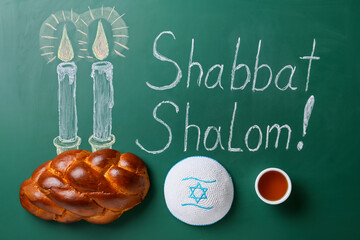 Drawn glowing candles and written text SHABBAT SHALOM with traditional challah bread and Jewish cap...