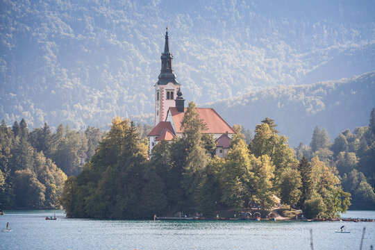 Selective blur on the Blejsko ostrvo, or bled island, on Bled lake or Blejsko Jezero, with the assumption of Maria church, or cerkev marijinega vnebovzetja. it's a catholic church