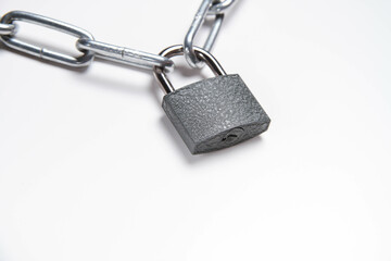 Chain and padlock on an isolated background. closed door. Metal chain.