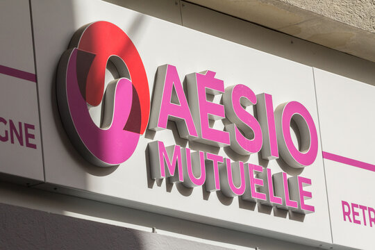 BORDEAUX, FRANCE - FEBRUARY 21, 2022: Aesio Mutuelle logo on their office for Bordeaux. Aesio is a French Mutual insurance specialized in coop healthcare and individual protection. ..