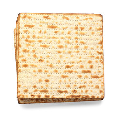 Jewish flatbread matza for Passover on white background, top view