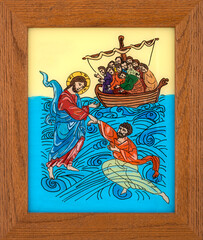 Framed icon painted on reverse glass in the naive orthodox style of Eastern Europe depicting Jesus walking on water. Christian bible character.