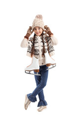 Funny little girl with ice skates on white background