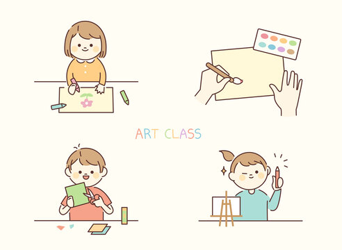 Art class for children with round faces and cute faces. flat design style vector illustration.