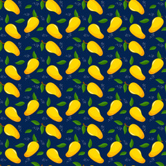 Pattern with yellow mango on a blue background. Vector illustration. For prints, fabric and packaging, brochures and covers, farm shops, childrens clothing, home furnishing.