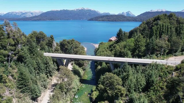 View of The Correntoso River, a river located in Villa La Angostura, Argentina, this River runs from Correntoso Lake to Nahuel Huapi Lake, standing out as one of the Shortest Rivers in the World. 4K.