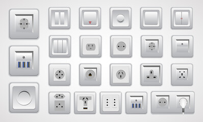 Socket and switch electrical outlet set off 

different types. Wall switch power electrical 

illustration. Power electrical socket turn of 

and on plug.
