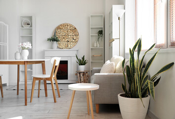 Comfortable sofa, dining table and shelf units in stylish room interior