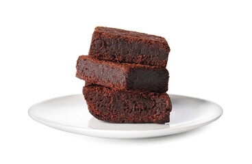 Plate with pieces of delicious chocolate brownie on white background