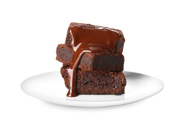 Plate with pieces of delicious chocolate brownie on white background