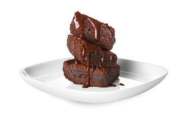 Plate with pieces of delicious chocolate brownie on white background