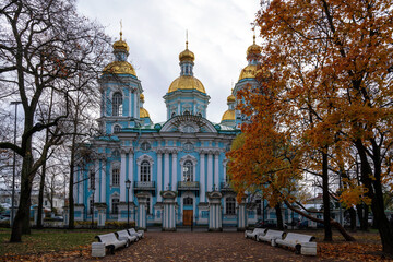 View of the Nikolo-Bogoyavlensky (Nikolsky) Naval Cathedral on an autumn day, St. Petersburg. Russia
