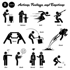 Stick figure human people man action, feelings, and emotions icons starting with alphabet B. Boil, bolster, bolt, bomb, bond, bonk, boost, boo, book, bored, bore, and boom.