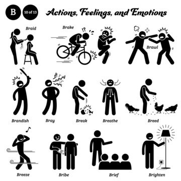 Stick figure human people man action, feelings, and emotions icons starting with alphabet B. Braid, brake, brawl, brandish, bray, break, breathe, breed, breeze, bribe, brief, and brighten.