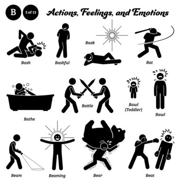 Stick figure human people man action, feelings, and emotions icons starting with alphabet B. Bash, bashful, bask, bat, bathe, battle, bawl, beam, beaming, bear, and beat.