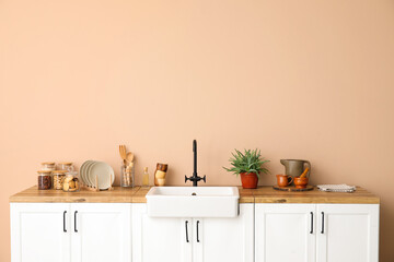 Obraz na płótnie Canvas Counters with sink, houseplant and kitchen utensils near beige wall