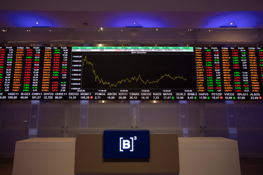 Display with stock market prices at the B3, the S&atilde;o Paulo Stock Exchange, Brazil