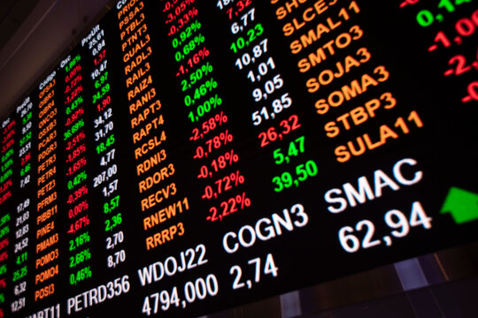 Display with stock market prices at the B3, the S&atilde;o Paulo Stock Exchange, Brazil