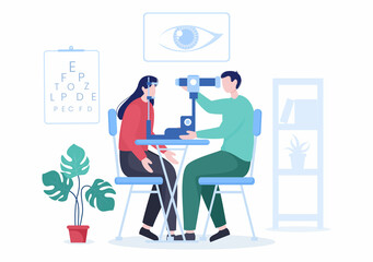 Ophthalmology of Checks Patient Sight, Optical Eyes Test, Spectacles Technology and Choosing Eyeglasses with Correction Lens in Flat Cartoon Illustration