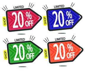 Set Sale 20% off banners discount tags design template, promo app icons, vector illustration colorful