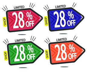 Set Sale 28% off banners discount tags design template, promo app icons, vector illustration colorful