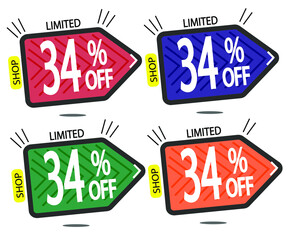 Set Sale 34% off banners discount tags design template, promo app icons, vector illustration colorful
