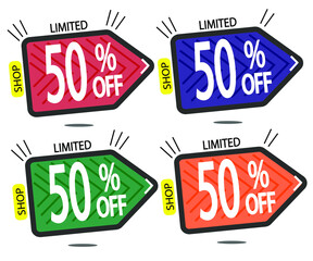 Set Sale 50% off banners discount tags design template, promo app icons, vector illustration colorful