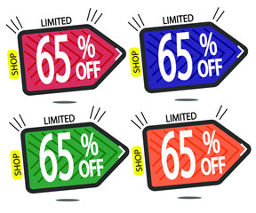 Set Sale 65% off banners discount tags design template, promo app icons, vector illustration colorful