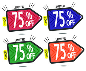 Set Sale 75% off banners discount tags design template, promo app icons, vector illustration colorful