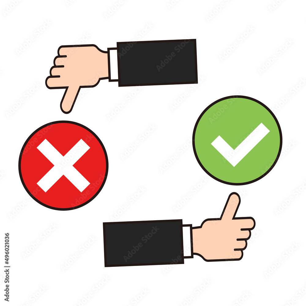 Poster check mark and thumbs up. cross mark and bad sign. vector.