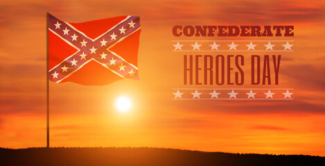 Confederate flag on sunset background. Heroes. Memorial Day.