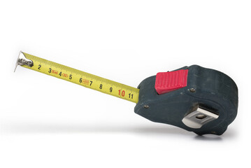 Closeup rolling tape measure meter white background