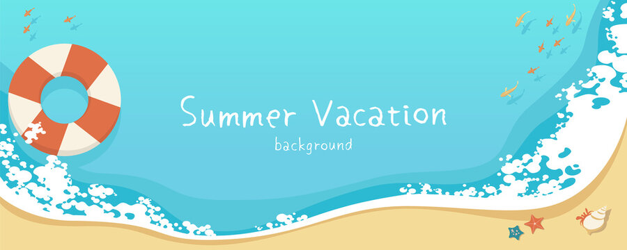Vector illustration of summer banner background with copy space. Summer vacation concept with beach waves and seaside creatures.