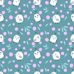 Hand drawn summer seamless pattern with chickens and spots. Perfect for textile, postcard and print. Doodle illustration for decor and design.