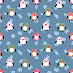 Hand drawn summer seamless pattern with penguins and brush strokes. Perfect for T-shirt, textile and print. Doodle style illustration for decor and design.