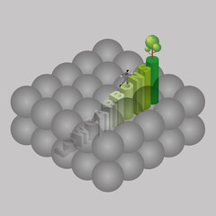 Air pollution and environmental concern concept. A man runs away from a cloud of smoke to a tree on top of text step. Smog, air quality, diaster atmosphere, PM2.5 dust, carbon dioxide, greenhouse gas.