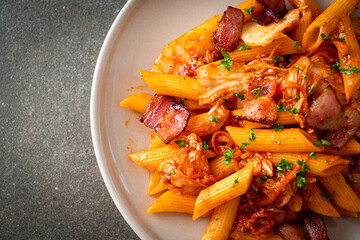 stir-fried penne pasta with kimchi and bacon