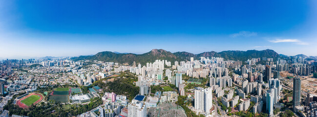 Naklejka premium panorama aerial view of cityscape of kowloon, center of Hong Kong, aisa