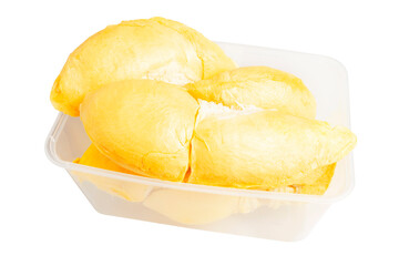 Fresh Organic Ripe Durian in a plastic container, King of Fruits which is the most popular in Thailand, isolated on white background. Clipping path	
