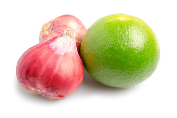 Fresh Raw Red Onions and Lime in whole, famous ingredients of Thai food, isolated on a white background. Clipping path.	
