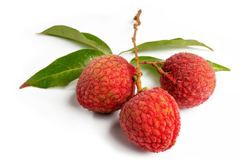Organic Fresh Ripe Lychees, juicy fruit, with Green Leaves on white background