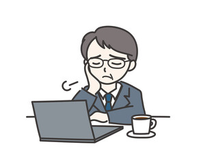パソコンを前にしてため息をついている年配の男性C【ノートパソコン】