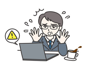 パソコンが突然クラッシュしてビックリしている年配の男性C【ノートパソコン】