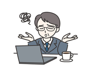 パソコンの前でお手上げ状態になった年配の男性C【ノートパソコン】