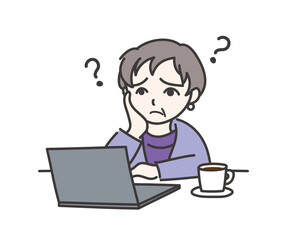 パソコンを前にして悩んでいる年配の女性D【ノートパソコン】