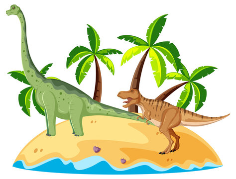 Scene with dinosaurs brachiosaurus on island