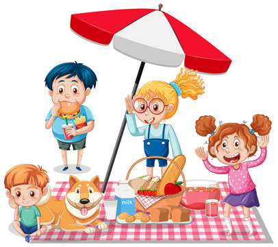 Picnic meal on white back ground with kids and dog