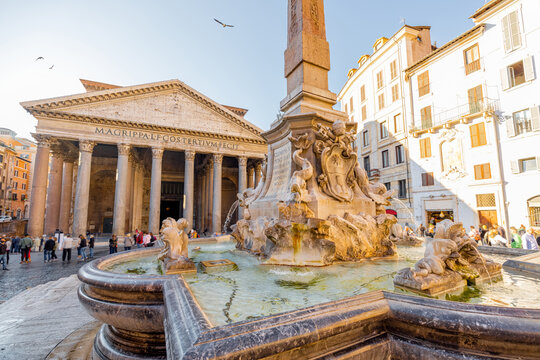 Morning view on famous Pantheon, Roman temple with fountain and Macuteo obelisc in Rome. Visiting italian sightseeings. Idea of travel Italy