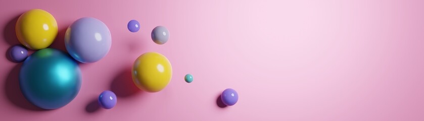 Abstract background with falling 3d balls. Dynamic flying bubbles. Modern trendy horizontal banner, poster, header template for website. Realistic mockup 3D rendering illustration.